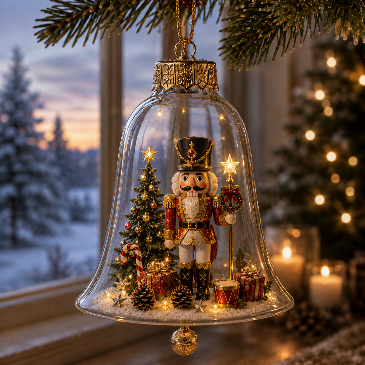Close-up of Christmas ornament miniature details and transparent dome