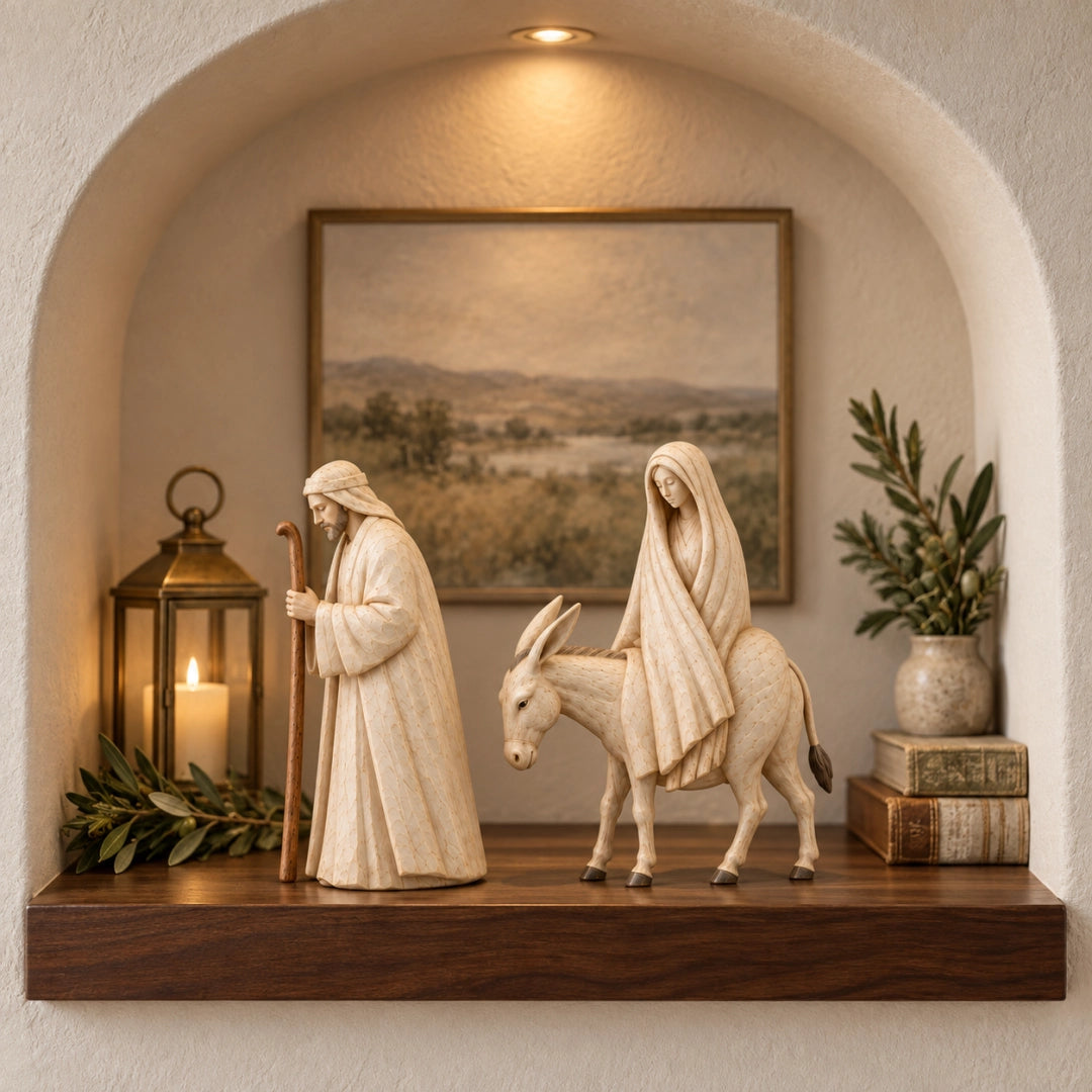 Journey to Bethlehem Mary Joseph and donkey figurine set