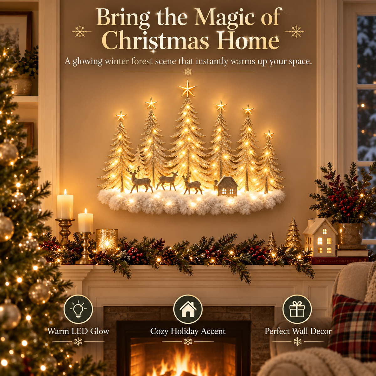 Lighted Christmas deer forest in cozy living room