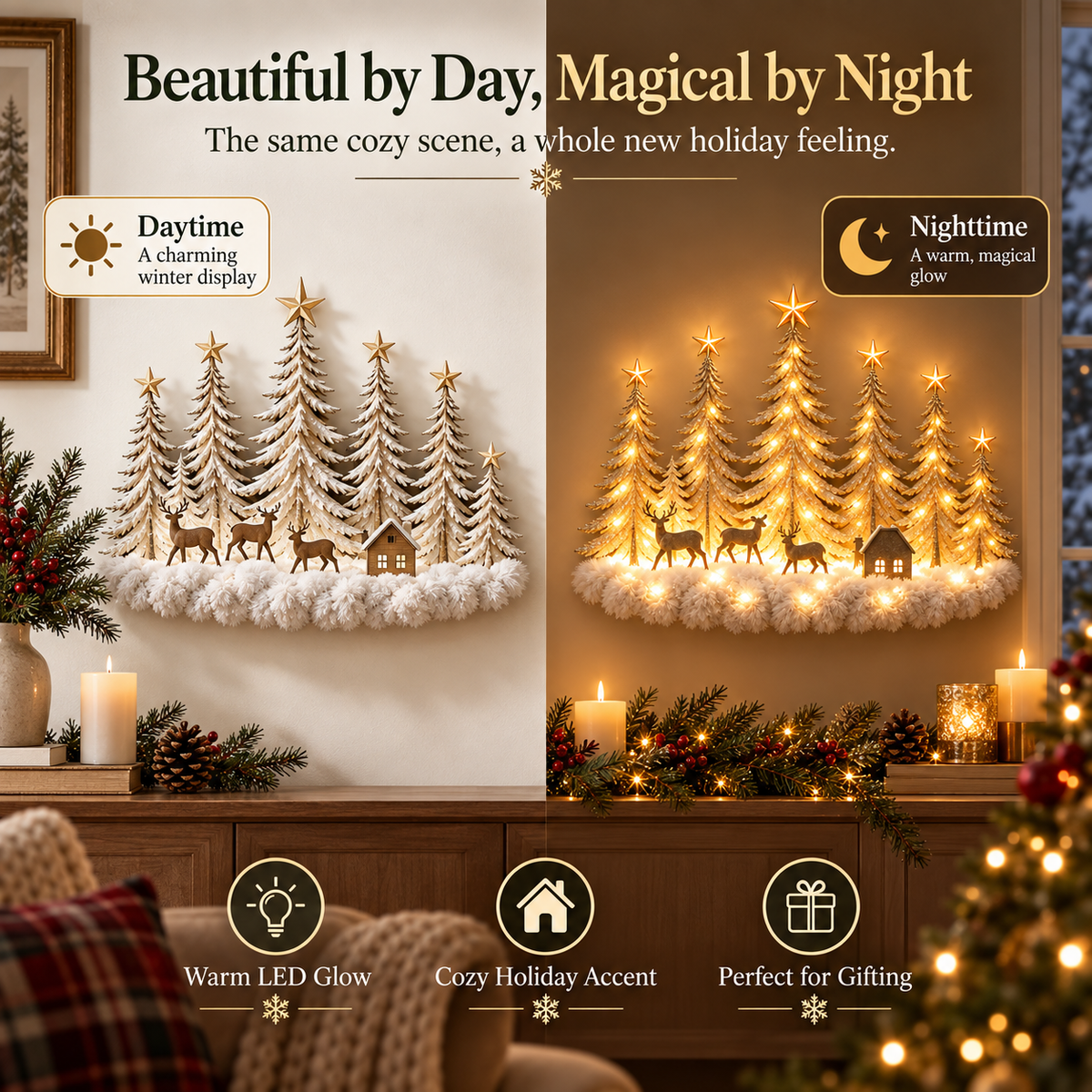 Lighted Christmas Deer Forest Wall Decor – Warm LED Winter Scene Holiday Decoration