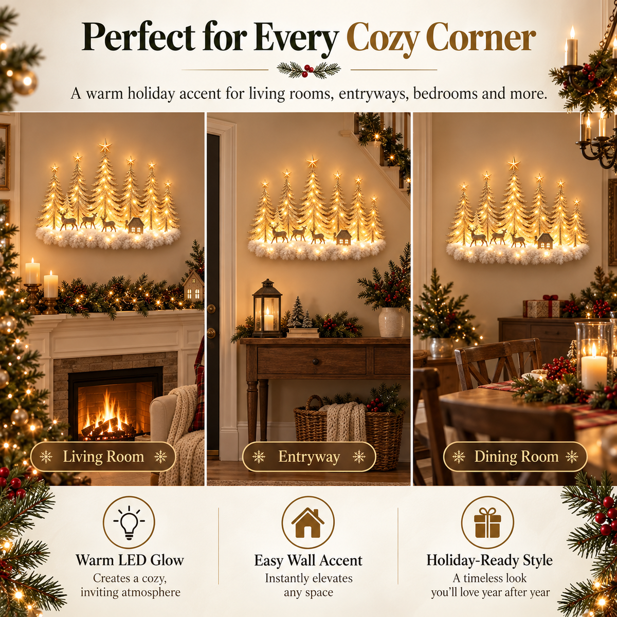 Lighted Christmas Deer Forest Wall Decor – Warm LED Winter Scene Holiday Decoration