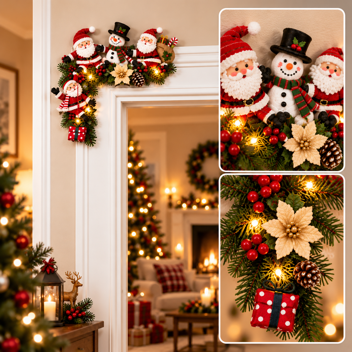 🎄 Cozy Christmas Door Corner Decor™ – Lighted Santa & Snowman Holiday Accent