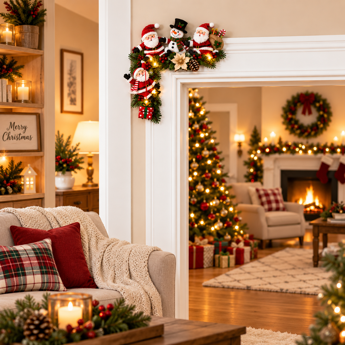 🎄 Cozy Christmas Door Corner Decor™ – Lighted Santa & Snowman Holiday Accent