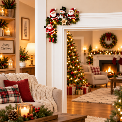 🎄 Cozy Christmas Door Corner Decor™ – Lighted Santa & Snowman Holiday Accent