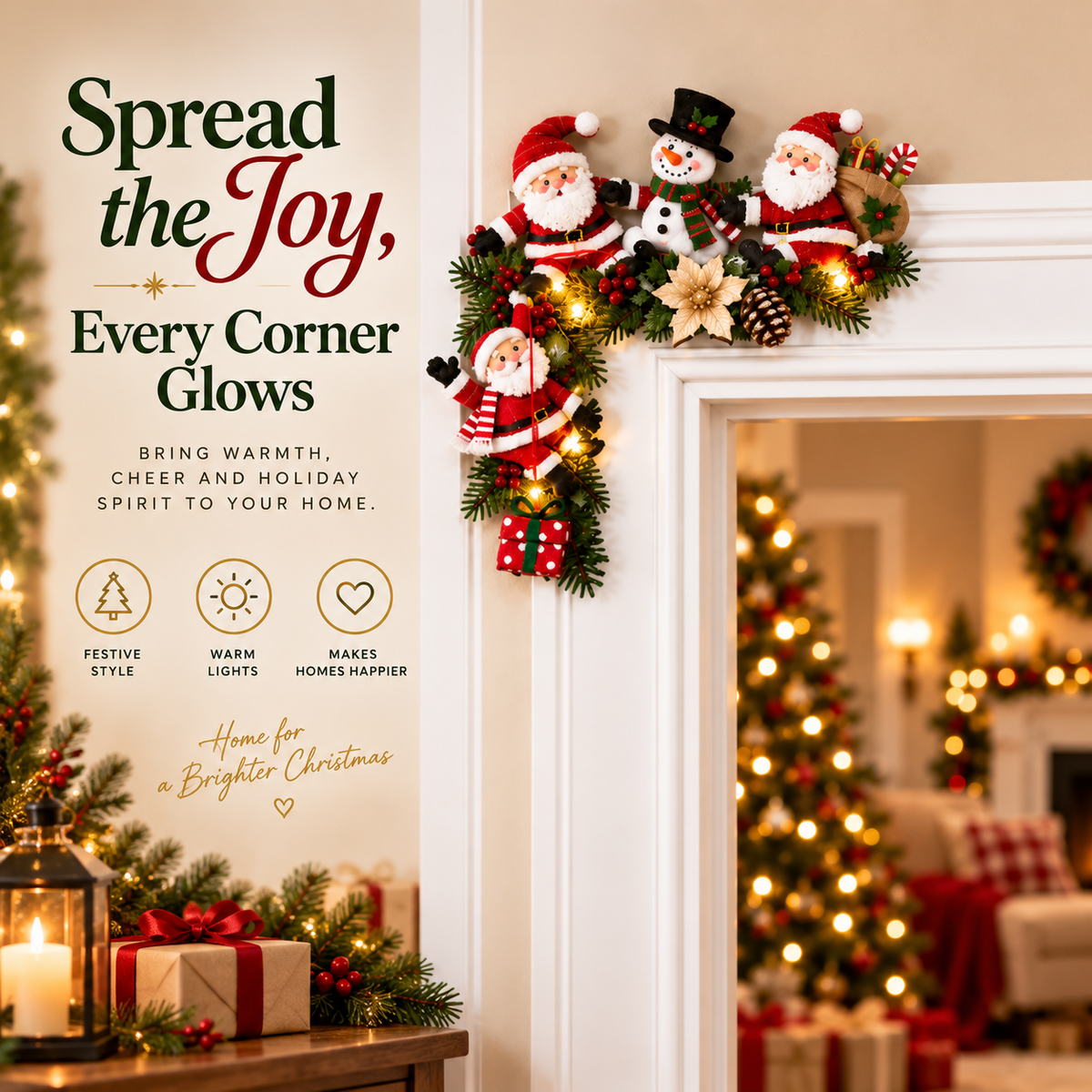 🎄 Cozy Christmas Door Corner Decor™ – Lighted Santa & Snowman Holiday Accent