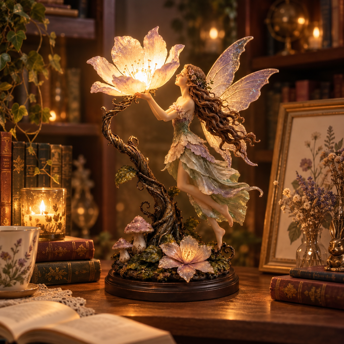 Fairy garden glowing beside books