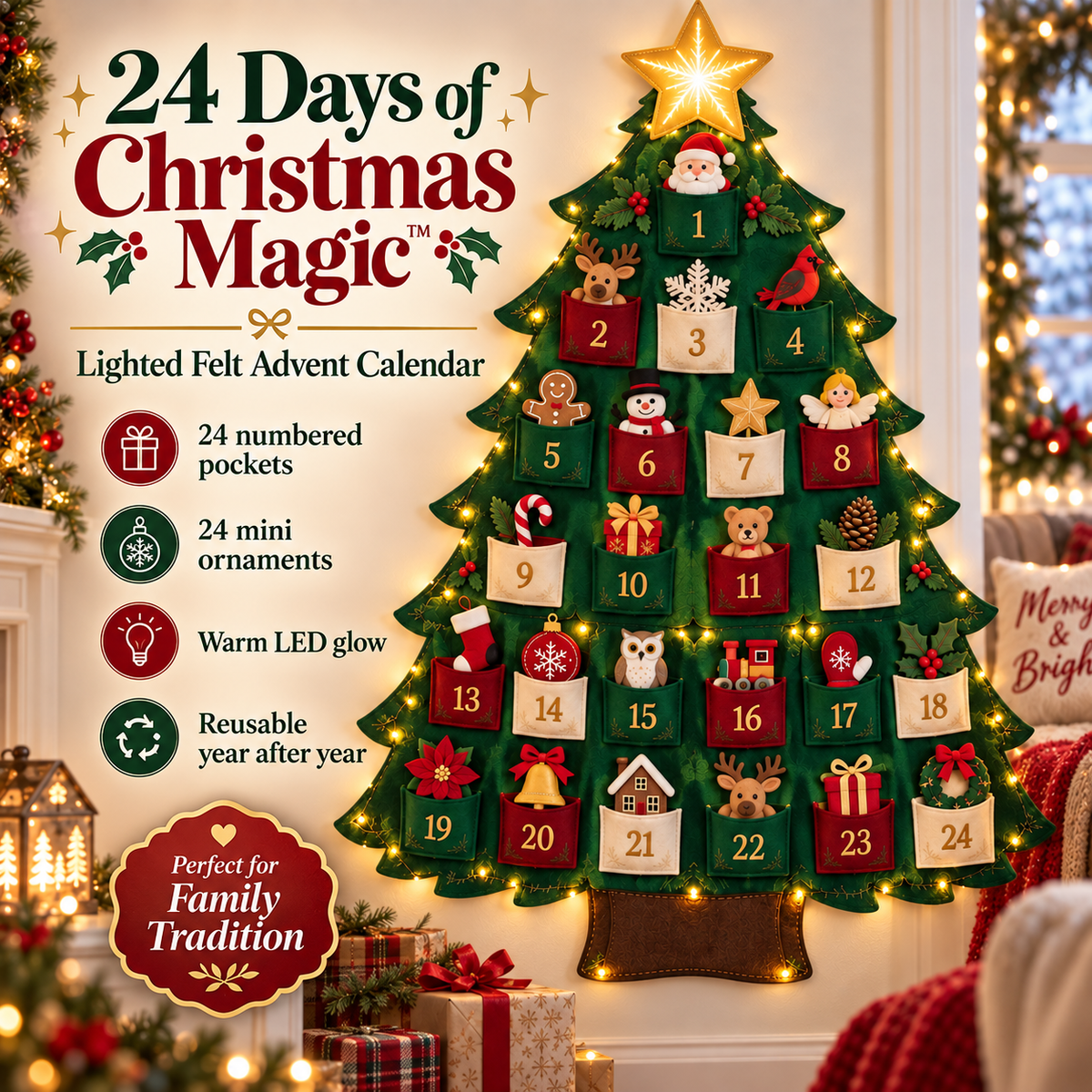 Christmas Memory Tree lighted felt advent calendar with 24 pockets