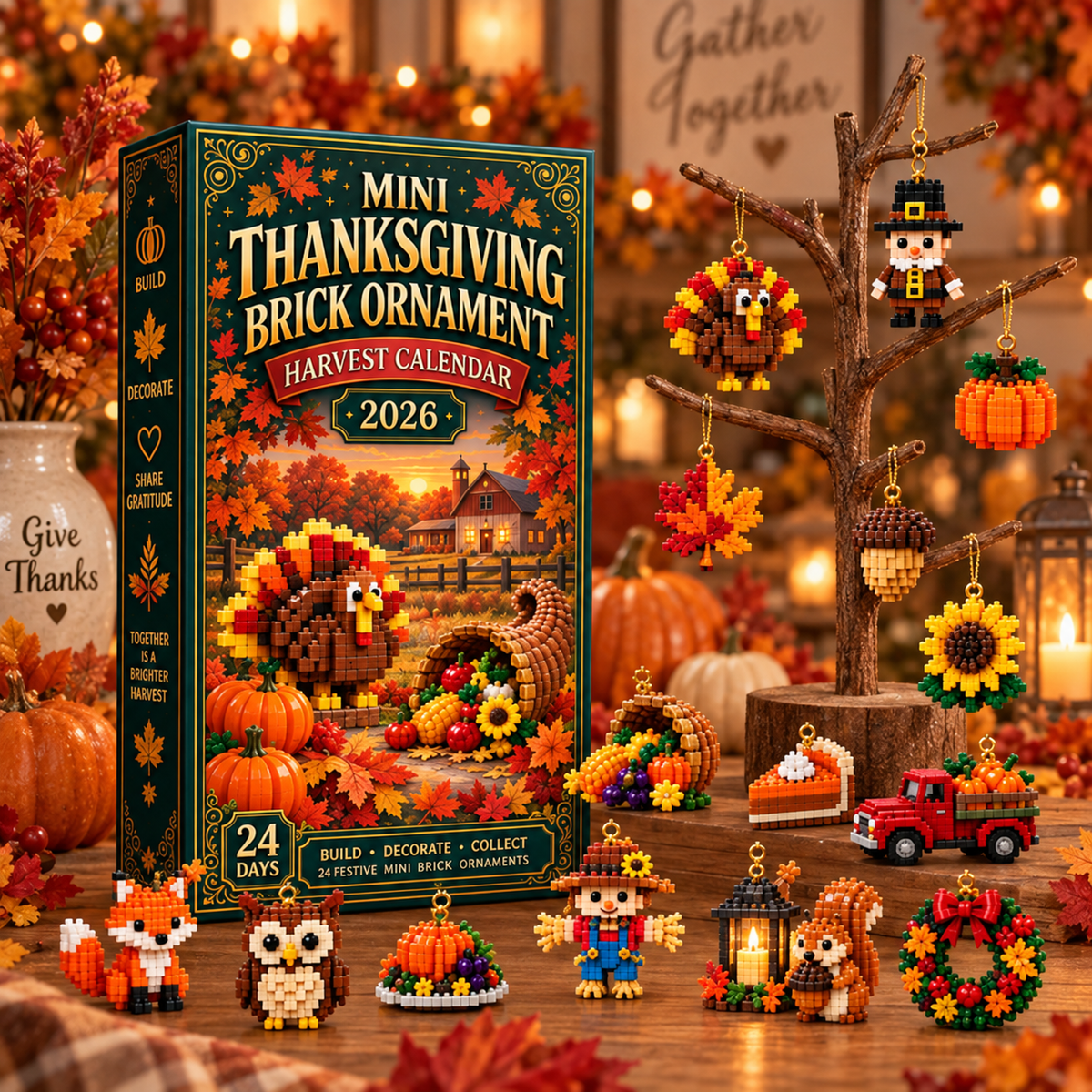 Thanksgiving brick ornaments displayed on fall ornament tree