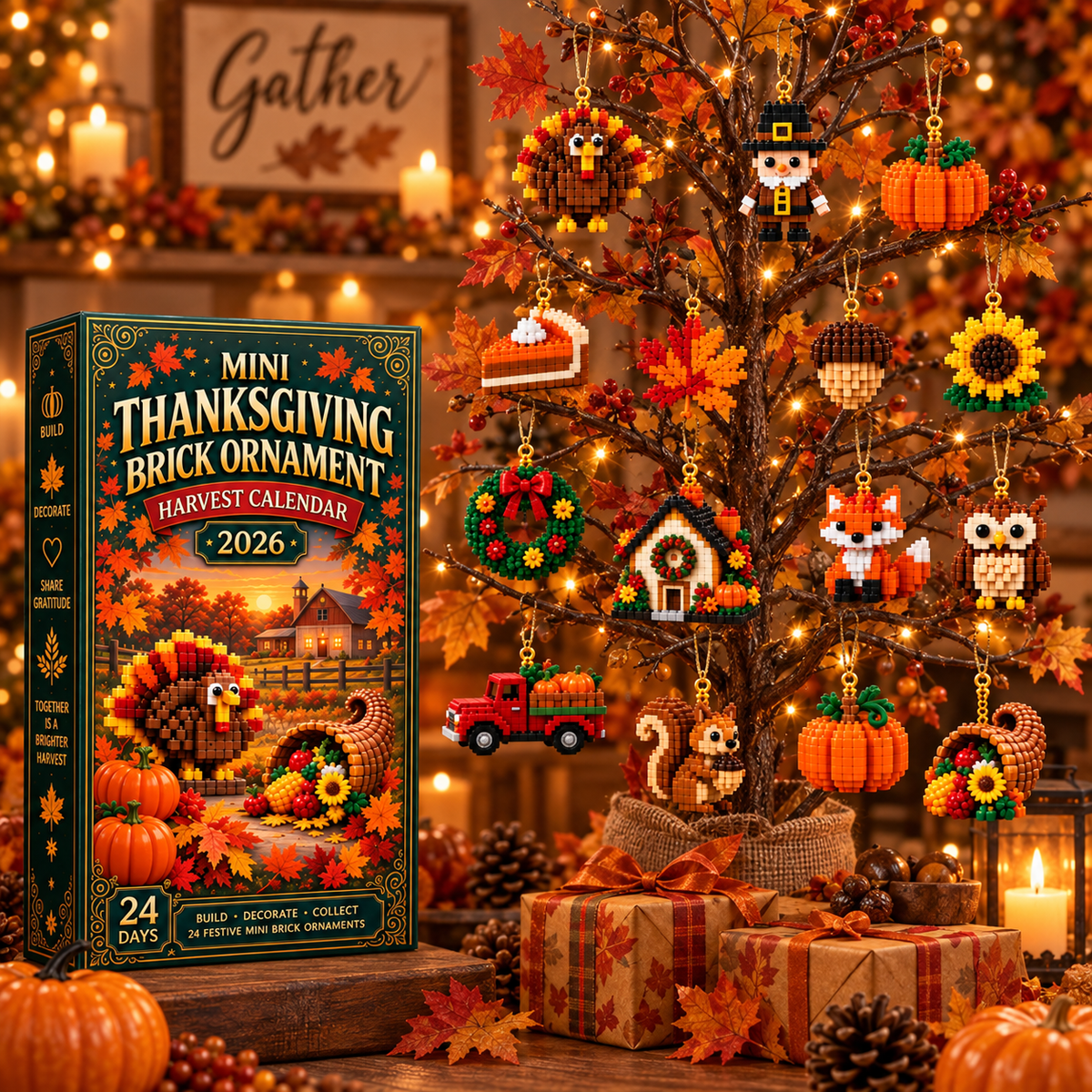Thanksgiving mini brick ornament tree seasonal display