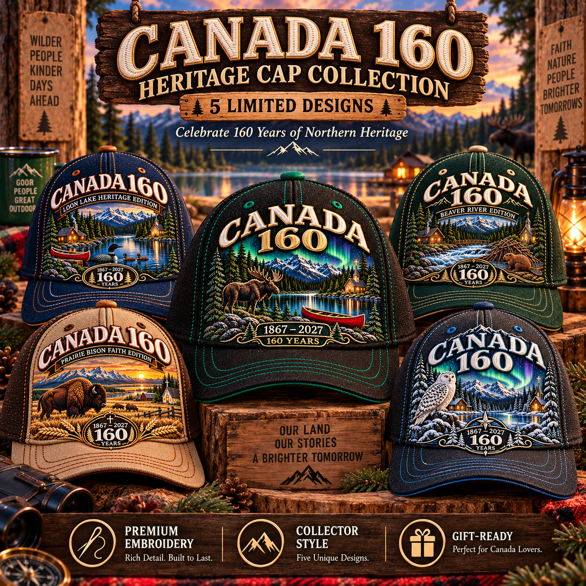🇨🇦 Canada 160 Heritage Embroidered Cap Collection™ – 1867–2027 Wilderness & Faith Commemorative Hats