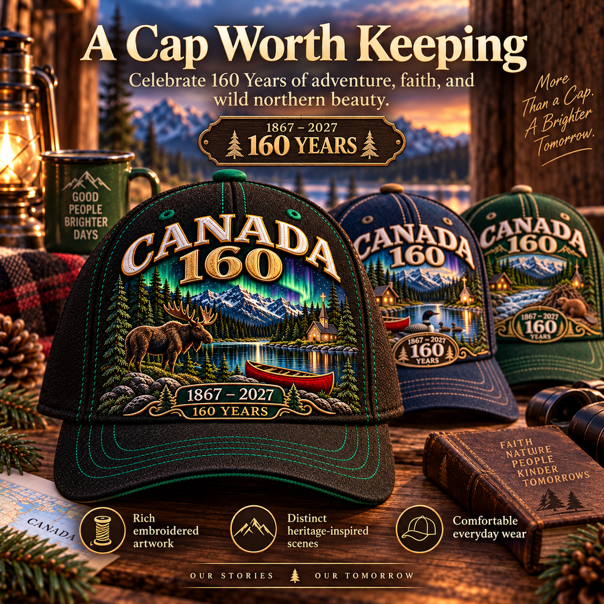 🇨🇦 Canada 160 Heritage Embroidered Cap Collection™ – 1867–2027 Wilderness & Faith Commemorative Hats