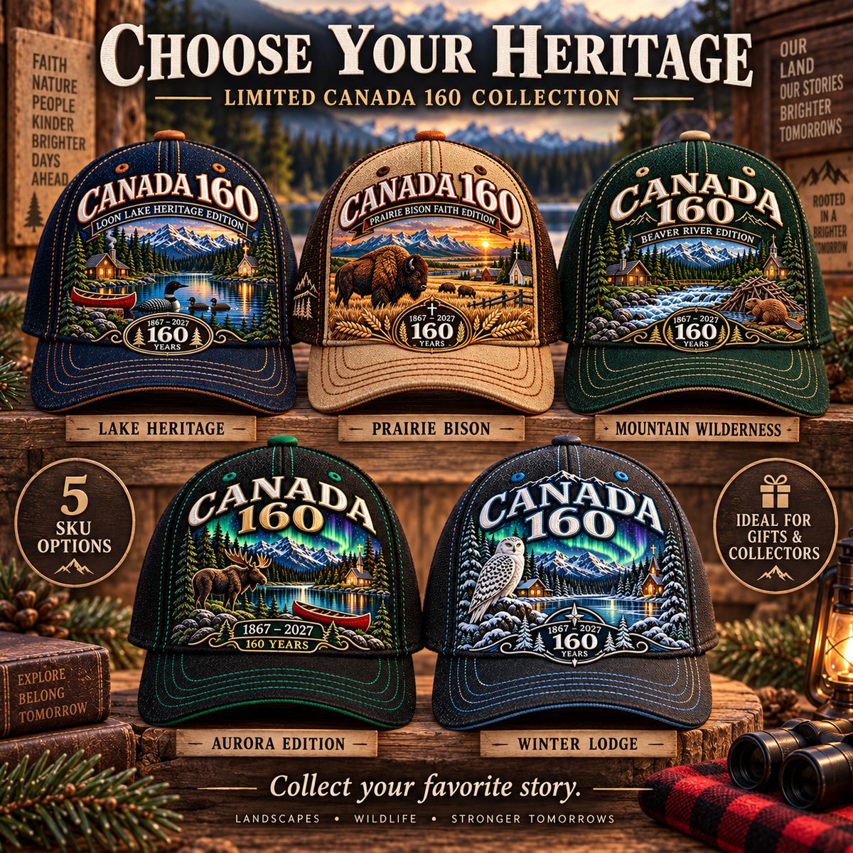 🇨🇦 Canada 160 Heritage Embroidered Cap Collection™ – 1867–2027 Wilderness & Faith Commemorative Hats
