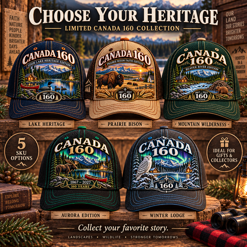 🇨🇦 Canada 160 Heritage Embroidered Cap Collection™ – 1867–2027 Wilderness & Faith Commemorative Hats