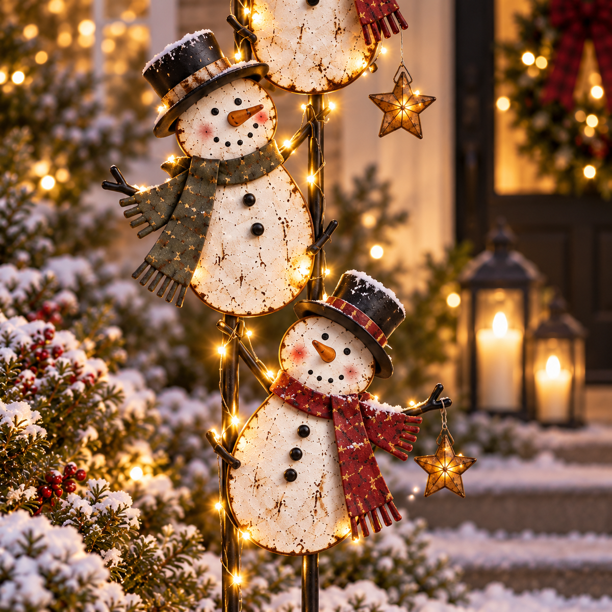 Rustic snowman outdoor Christmas decor