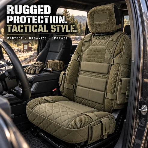 Olive tactical truck seat cover in a pickup
