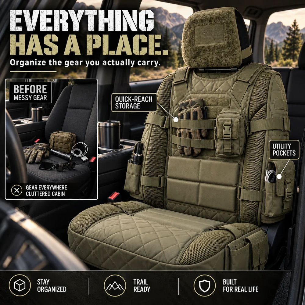 Tactical seat cover storage pockets with everyday gear