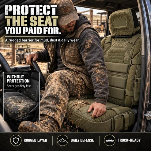 Truck driver sitting on protective tactical seat cover
