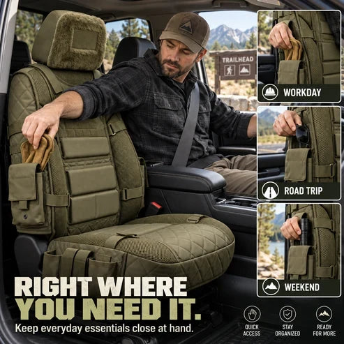 Truck owner accessing stored gear from tactical cover