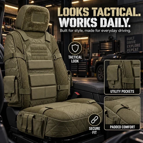 Seat cover stitching and padded panels close-up