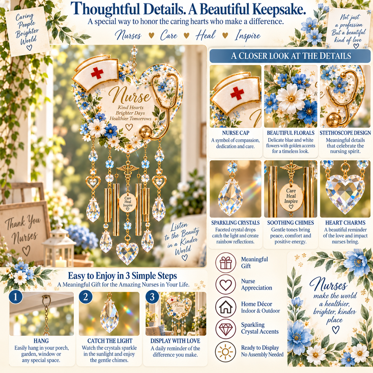 💜Nurse Blessing™ Crystal Wind Chime – A Heartfelt Thank You for Every Caring Hand