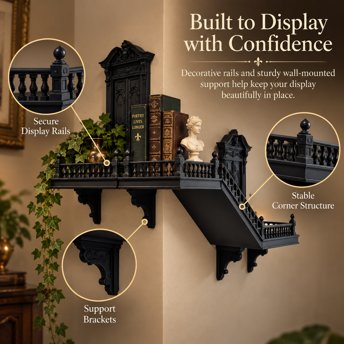 Gothic shelf display rails corner structure and support brackets