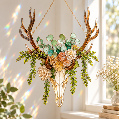 🌿 Deer head Botanical Suncatcher™ – Floral Stained-Glass Style Window Hanging Decor
