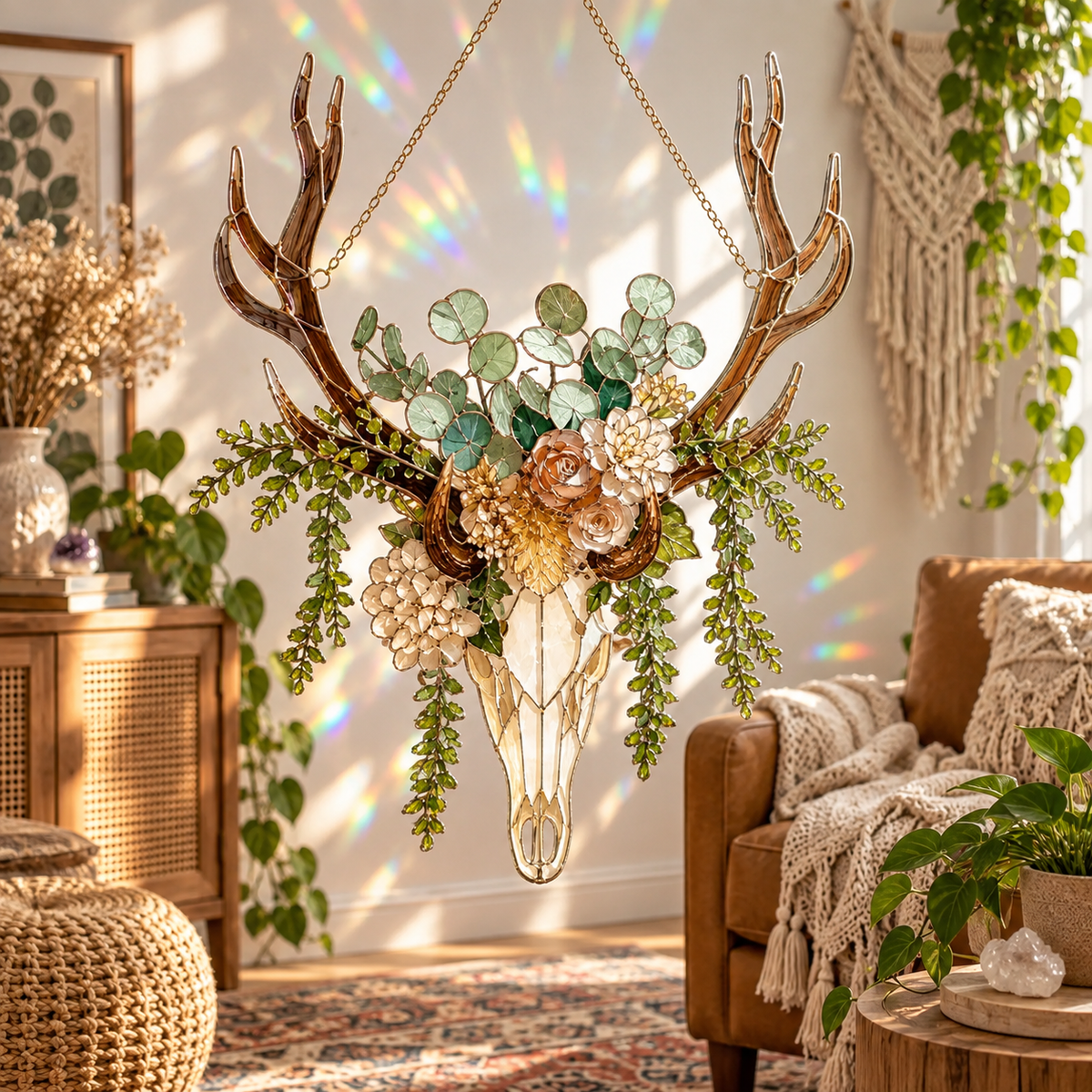 Botanical suncatcher styled in a cozy living room