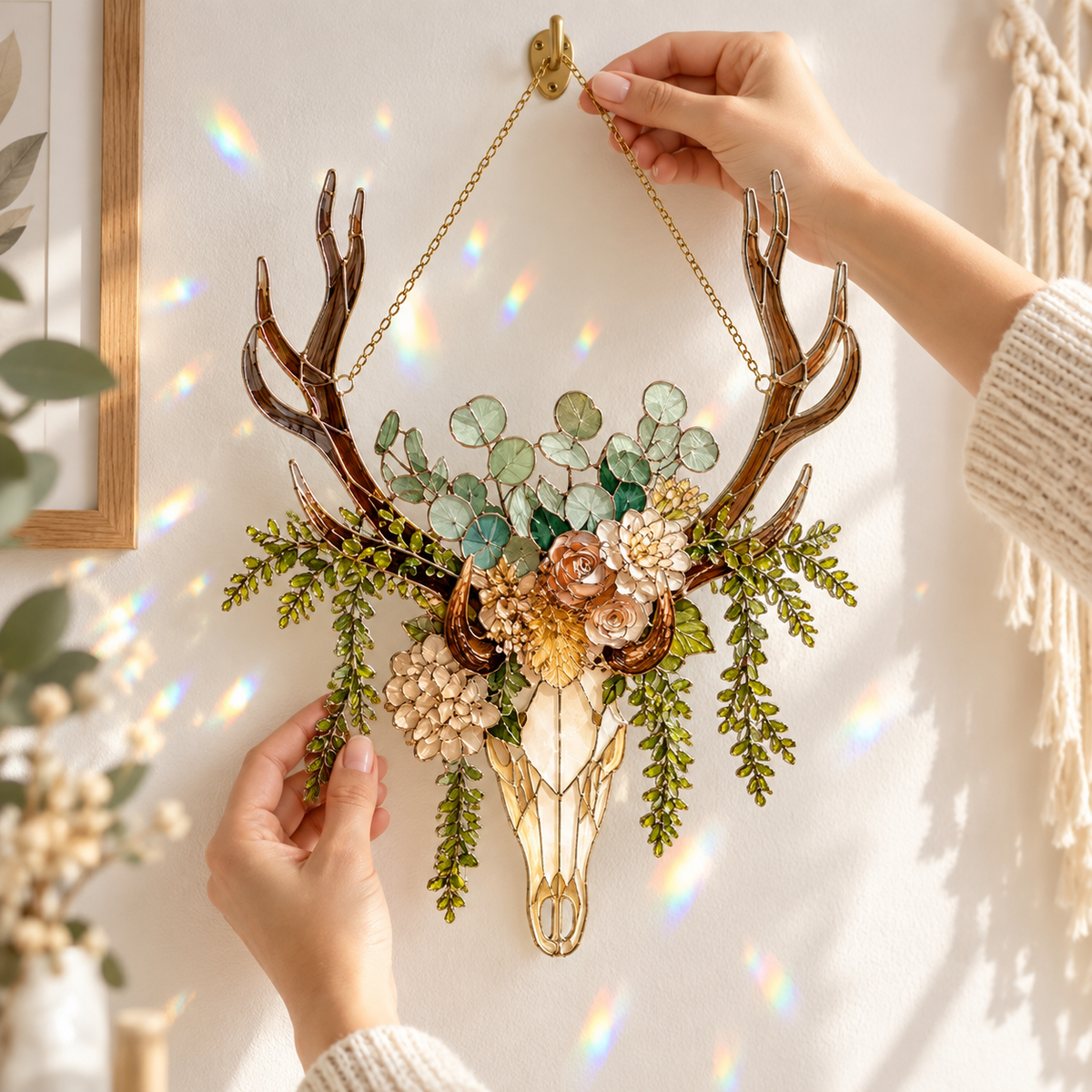 🌿 Deer head Botanical Suncatcher™ – Floral Stained-Glass Style Window Hanging Decor