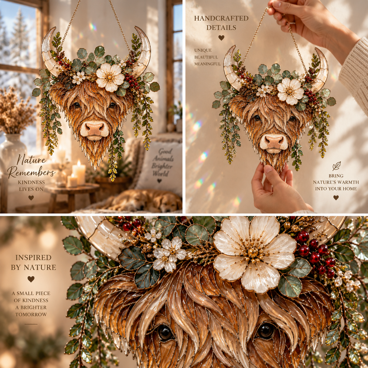 Handcrafted botanical Highland Cow suncatcher detail view