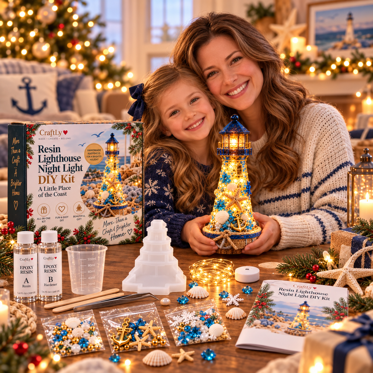 Mother and daughter holding handmade coastal lighthouse night light