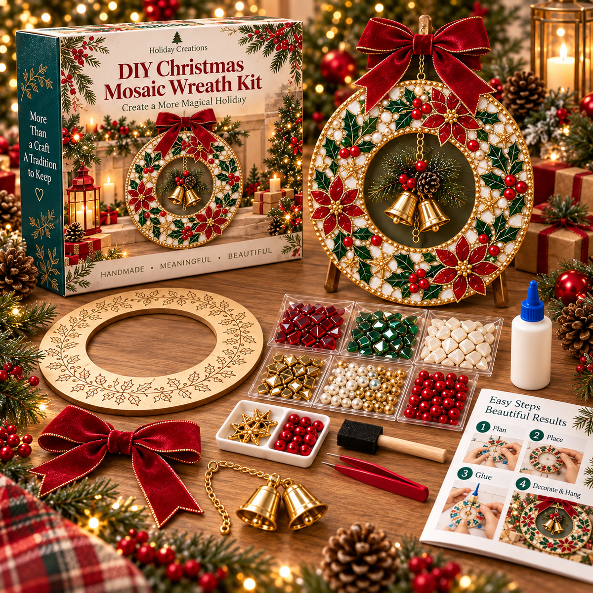 Contents of the DIY Christmas mosaic wreath kit