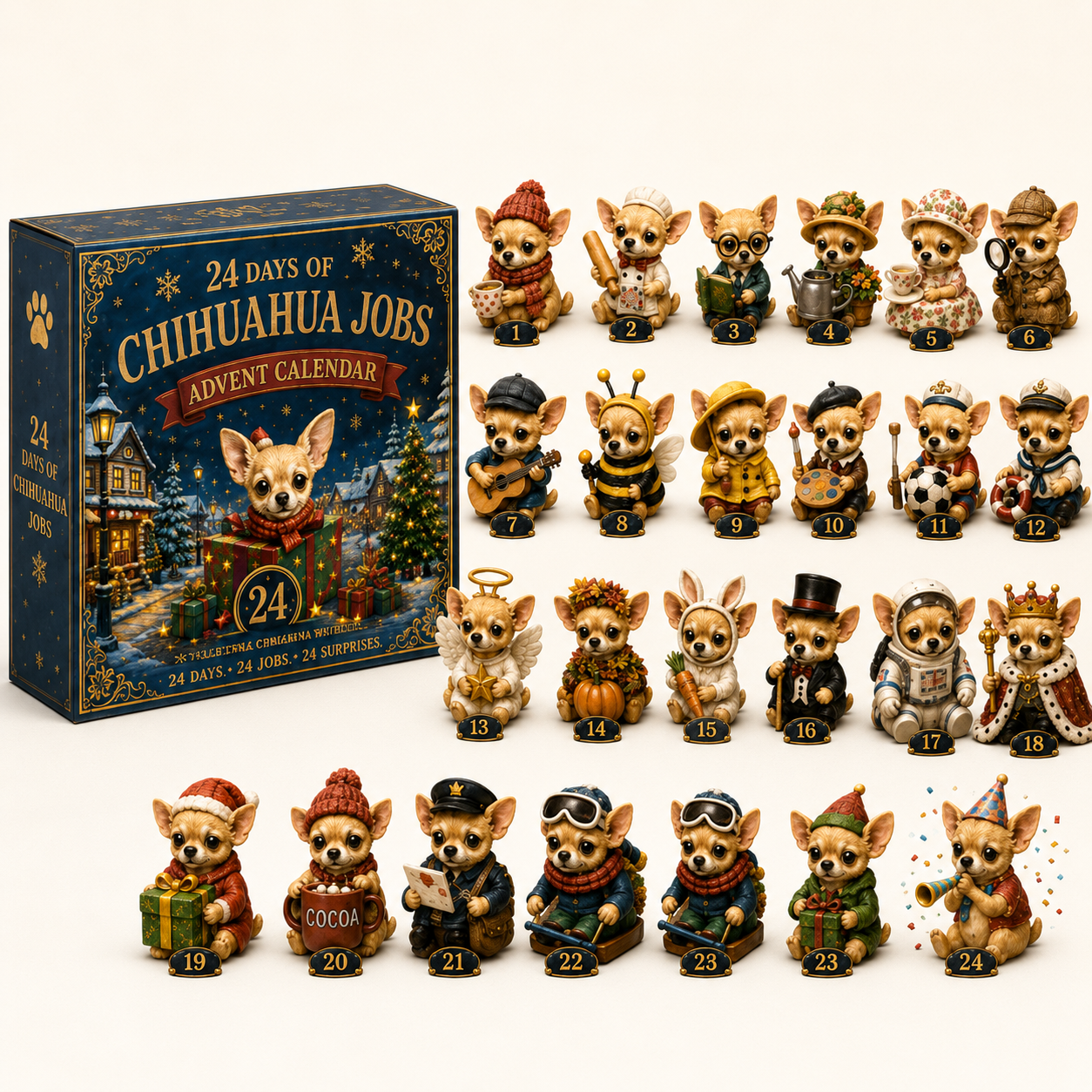 Chihuahua Jobs Advent Calendar box with complete 24 character set