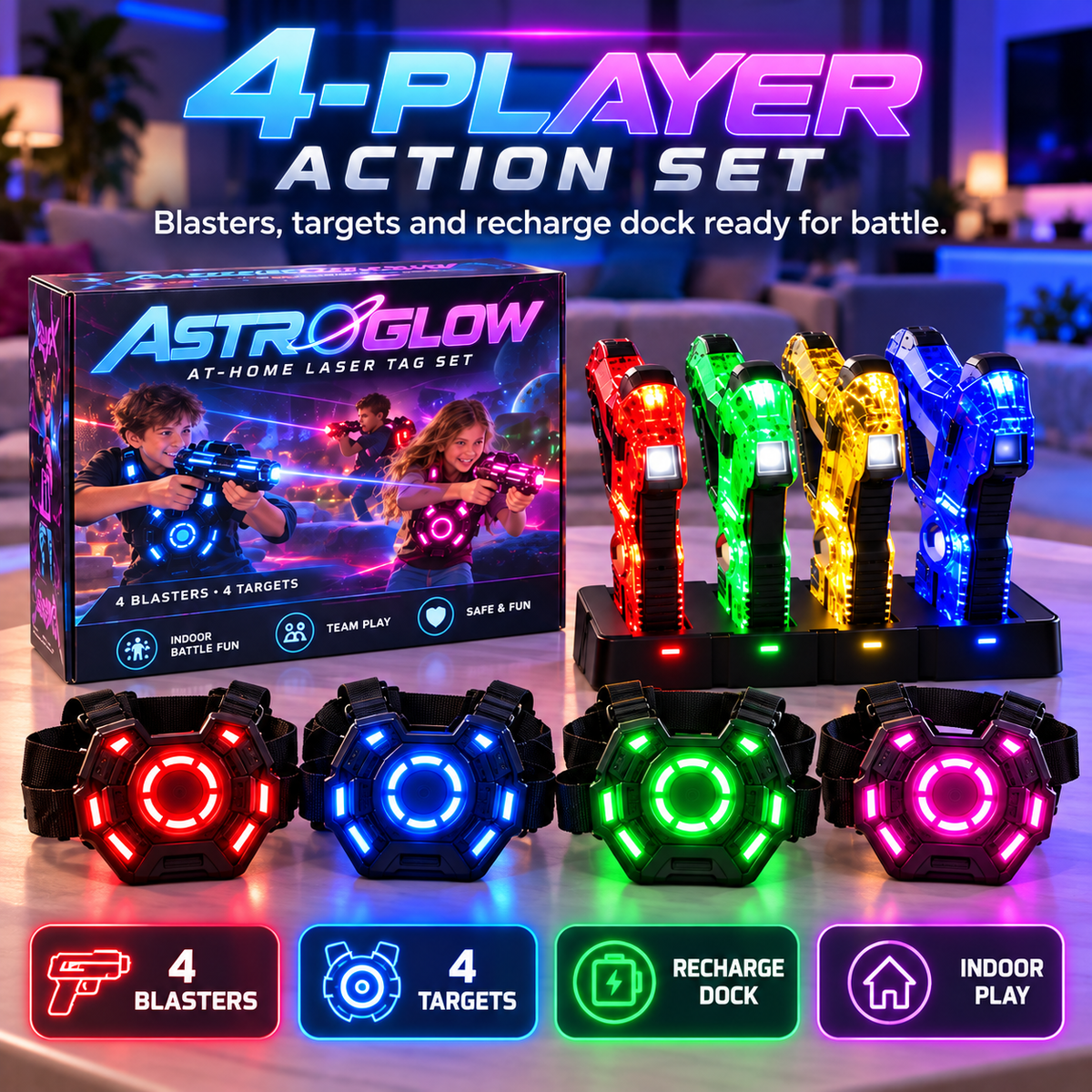 ⚡  4-Player Laser Tag Set – Rechargeable Indoor Battle Game for Kids & Family 🎯