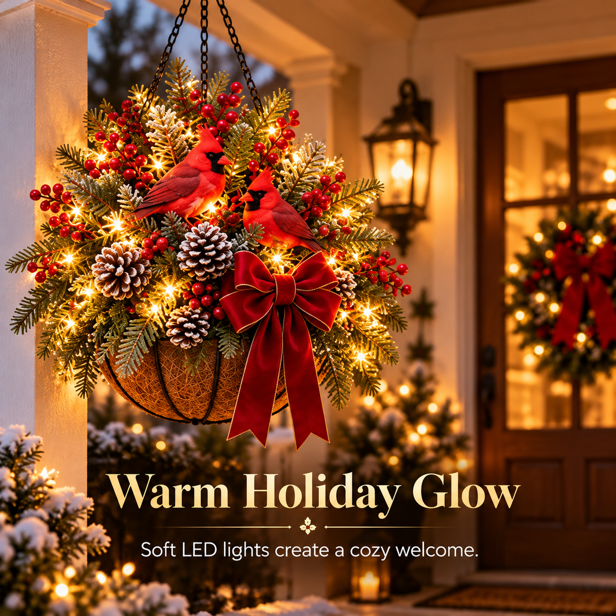 Warm glowing Christmas hanging basket