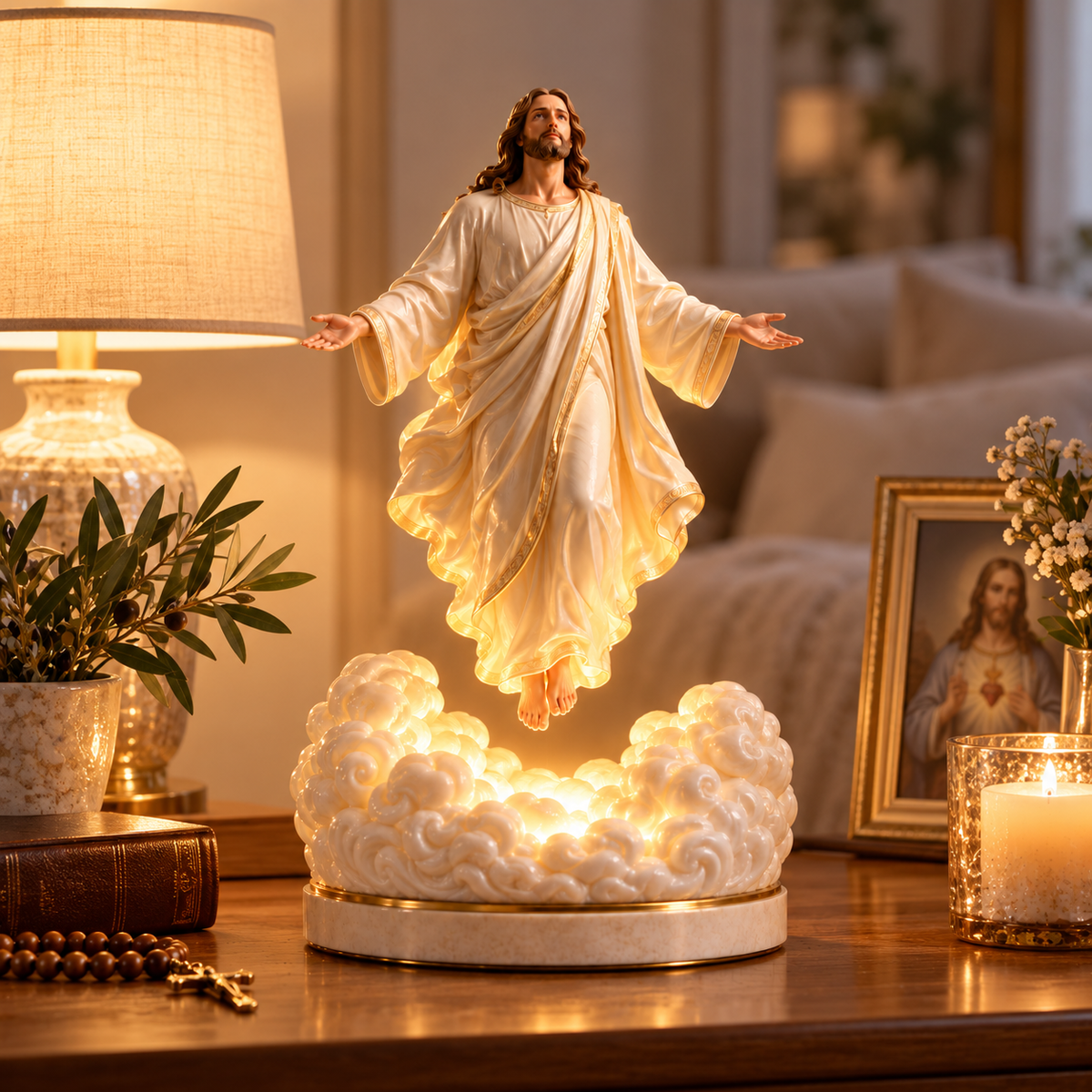 Risen Christ illuminated faith decor beside devotional items