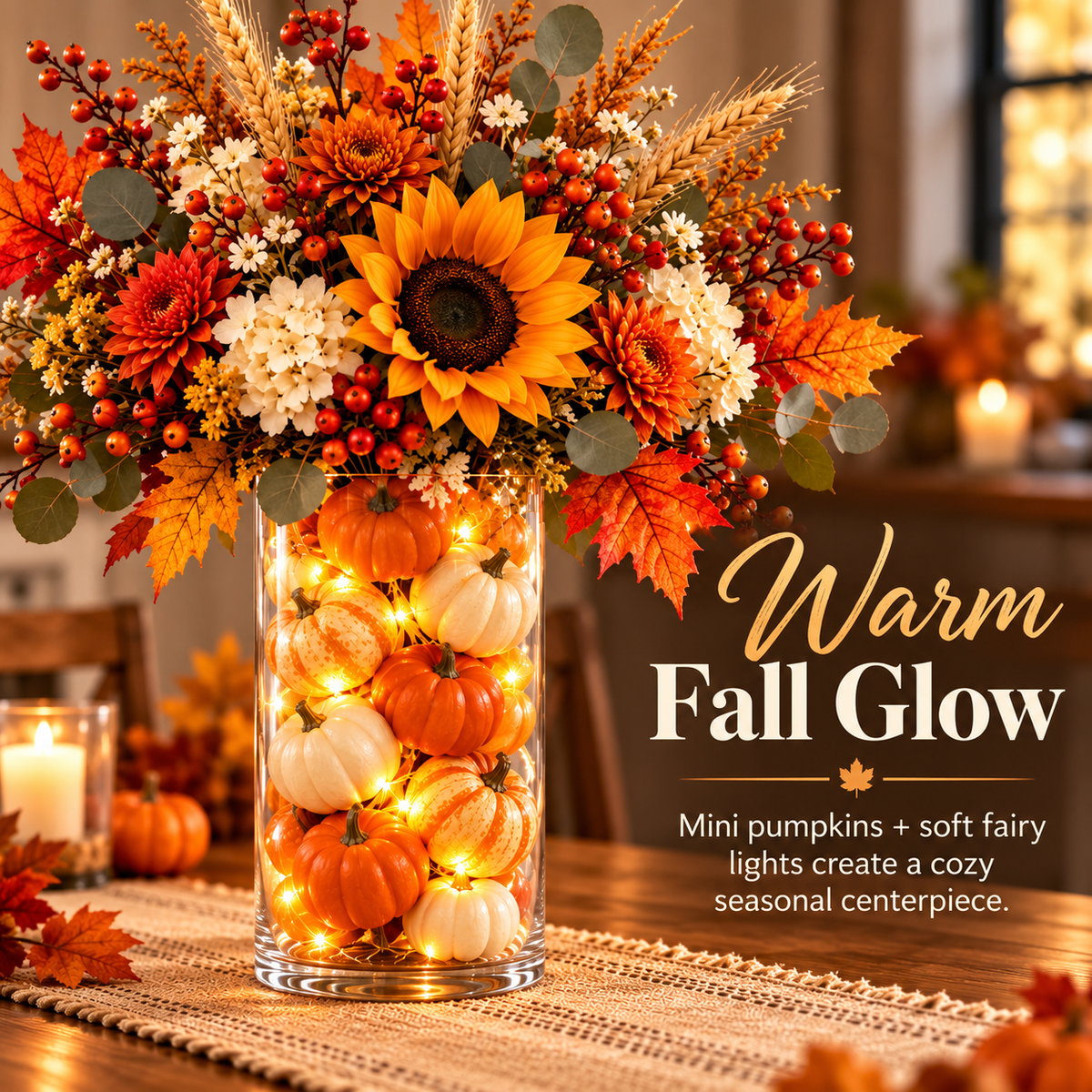 Warm glowing mini pumpkin fall centerpiece