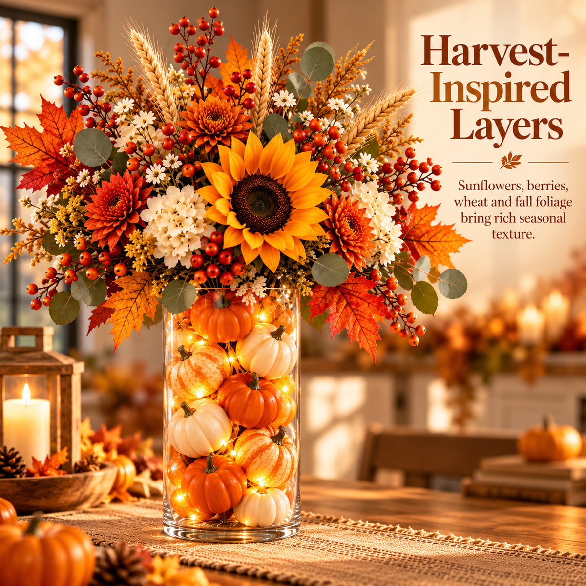 Harvest inspired sunflower floral fall centerpiece