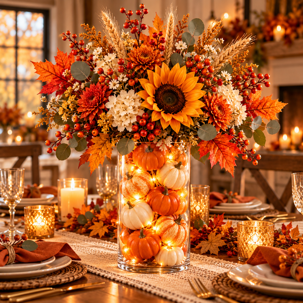 Harvest Glow Tower Thanksgiving dining table centerpiece