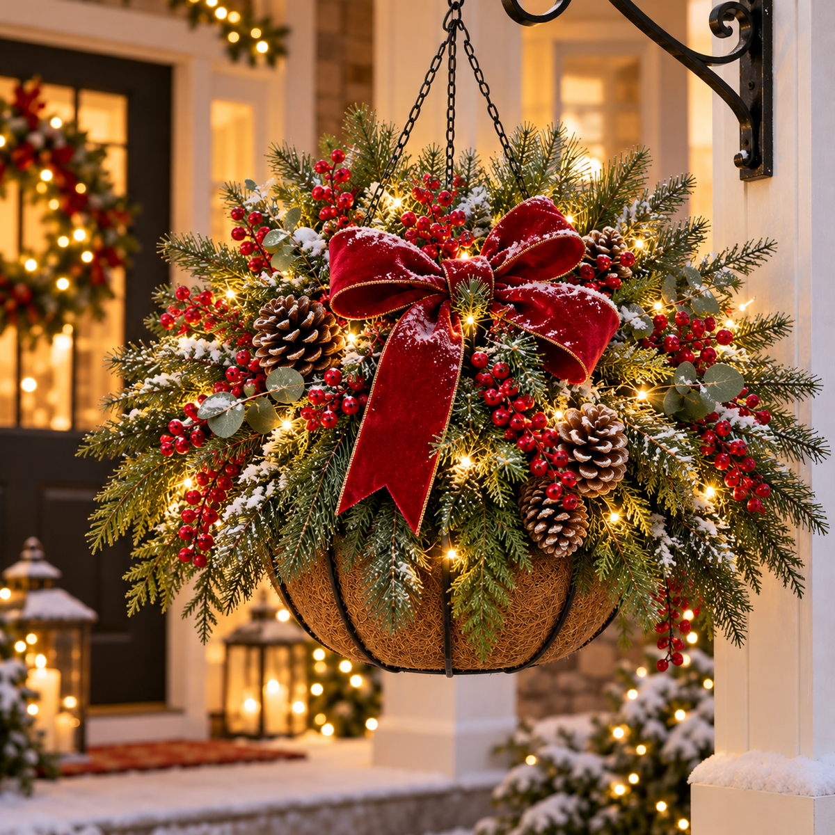 🎄 Classic Christmas Glow Hanging Basket – Pre-Lit Porch & Entryway Holiday Decor