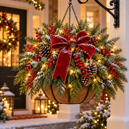 🎄 Classic Christmas Glow Hanging Basket – Pre-Lit Porch & Entryway Holiday Decor