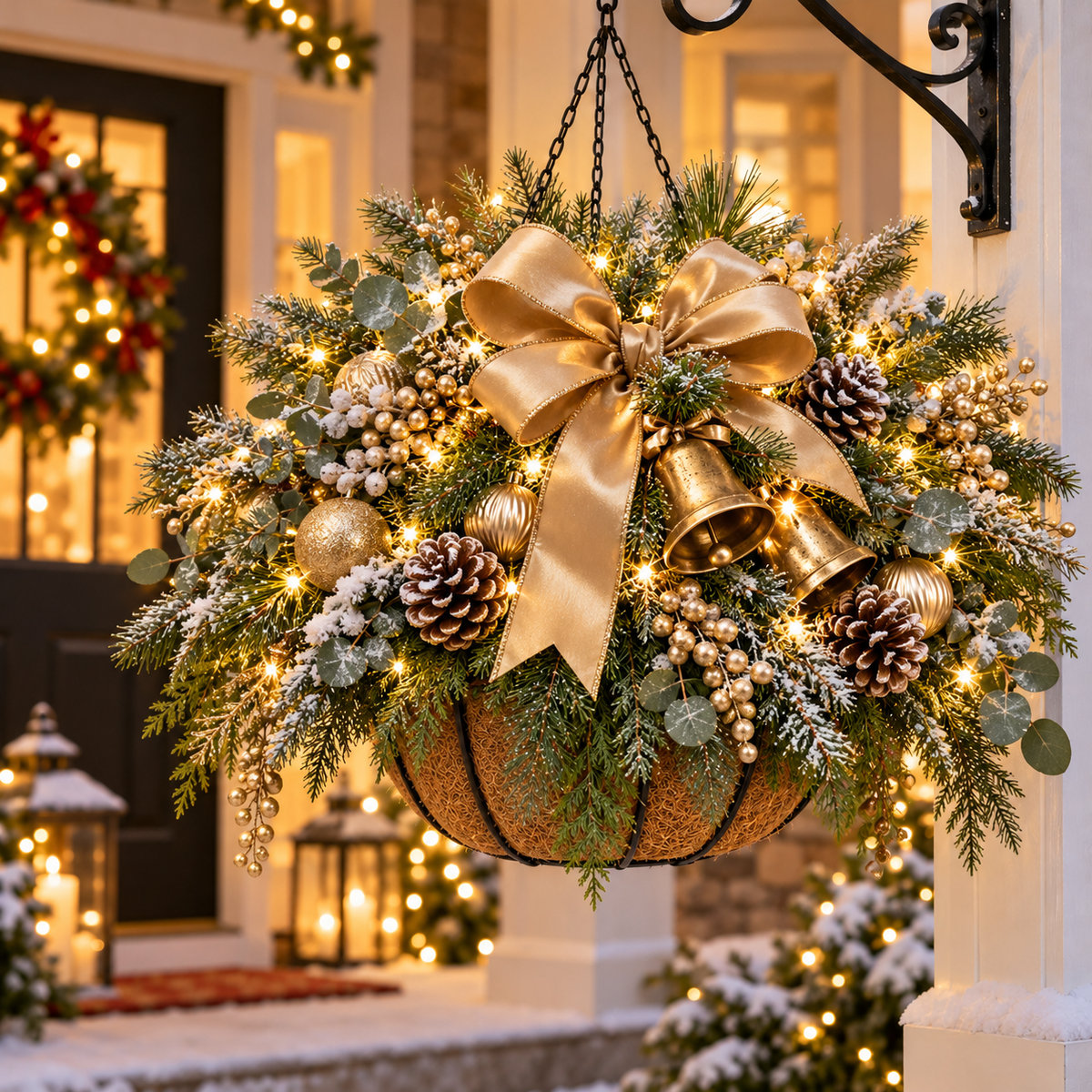 🎄 Classic Christmas Glow Hanging Basket – Pre-Lit Porch & Entryway Holiday Decor