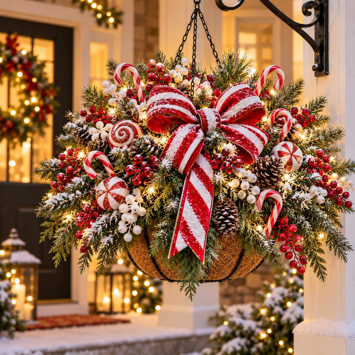 🎄 Classic Christmas Glow Hanging Basket – Pre-Lit Porch & Entryway Holiday Decor