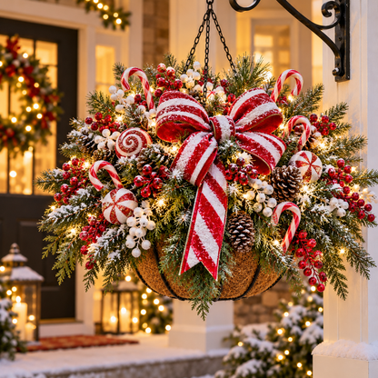 🎄 Classic Christmas Glow Hanging Basket – Pre-Lit Porch & Entryway Holiday Decor