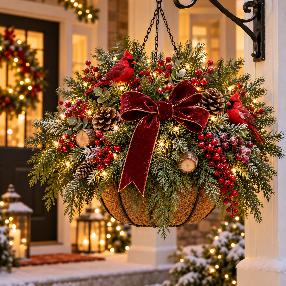 🎄 Classic Christmas Glow Hanging Basket – Pre-Lit Porch & Entryway Holiday Decor