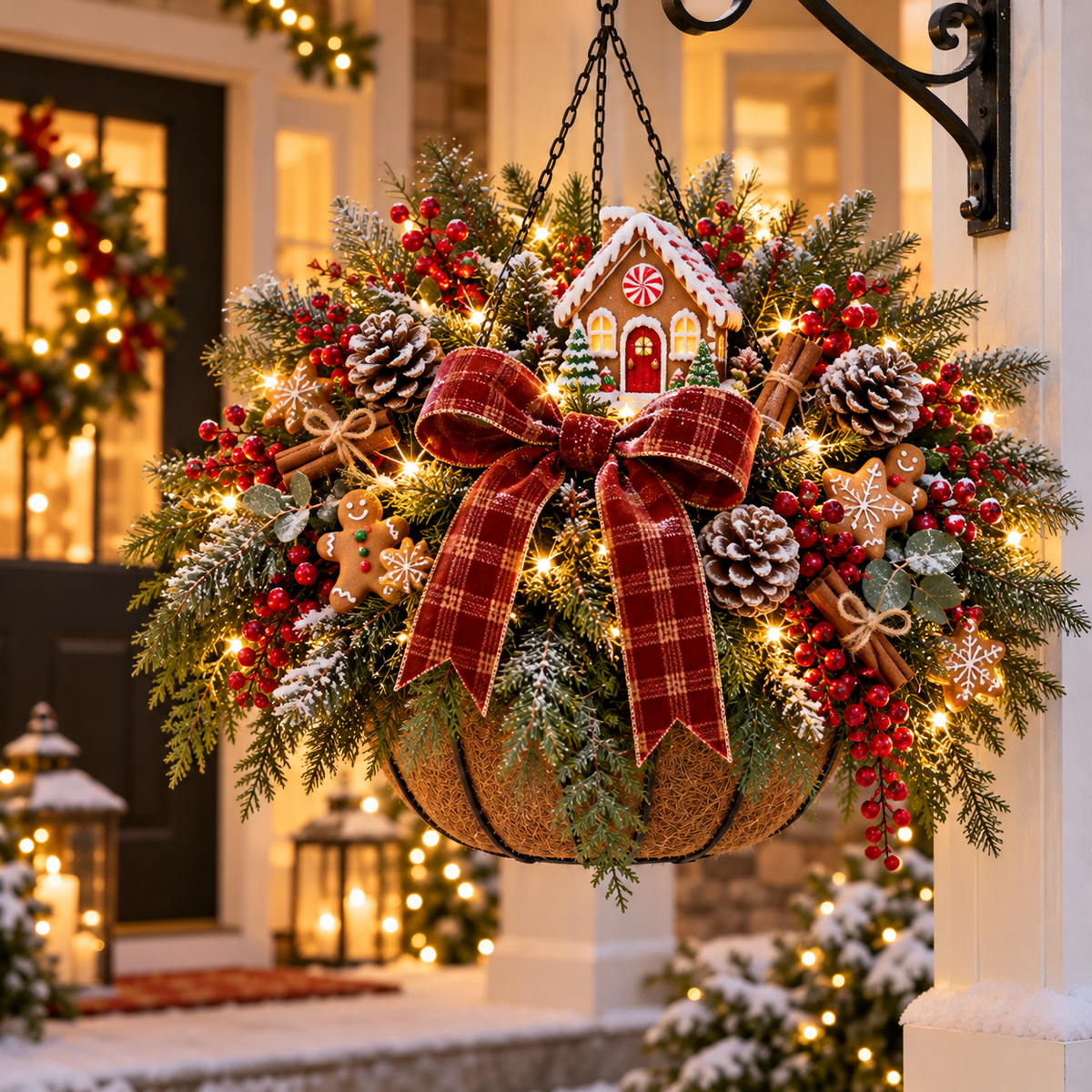 🎄 Classic Christmas Glow Hanging Basket – Pre-Lit Porch & Entryway Holiday Decor