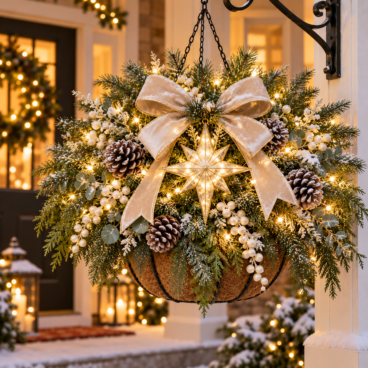 🎄 Classic Christmas Glow Hanging Basket – Pre-Lit Porch & Entryway Holiday Decor
