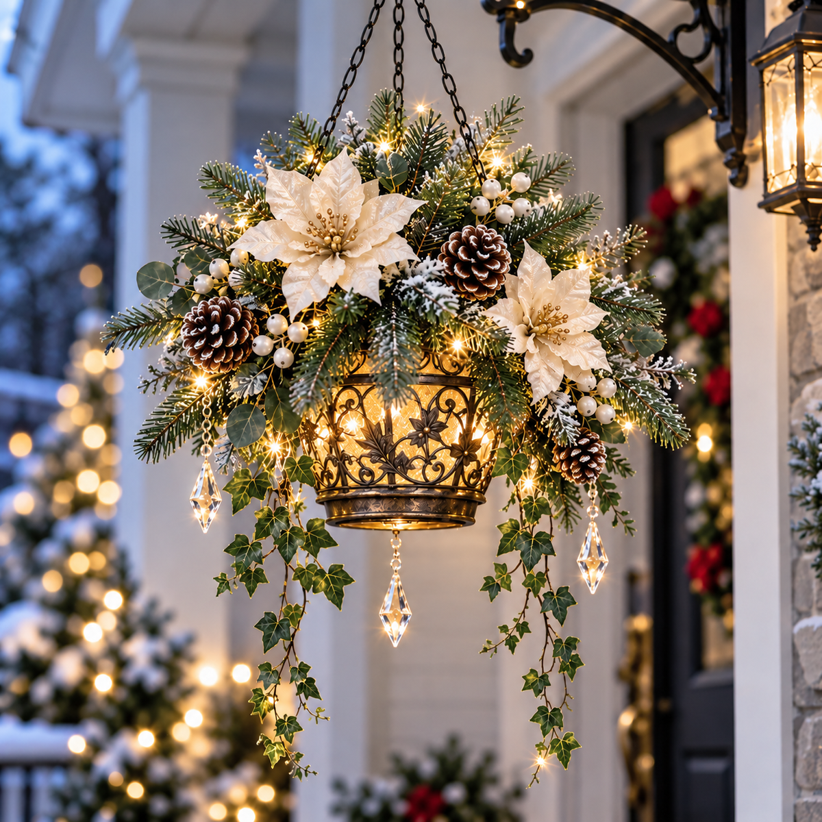Winter Bloom Glow illuminated Christmas hanging basket