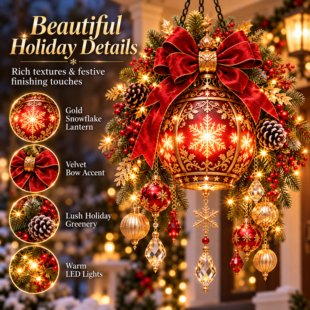 Royal Christmas Lantern™ Pre-Lit Festive Red & Gold Hanging Porch Decor