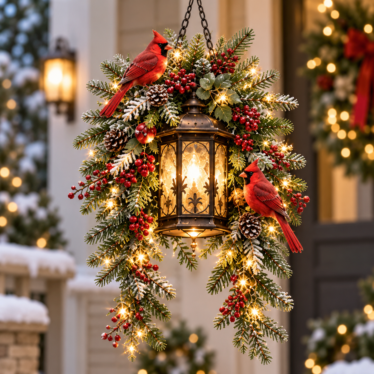 Cardinal Hearth Glow illuminated Christmas hanging lantern