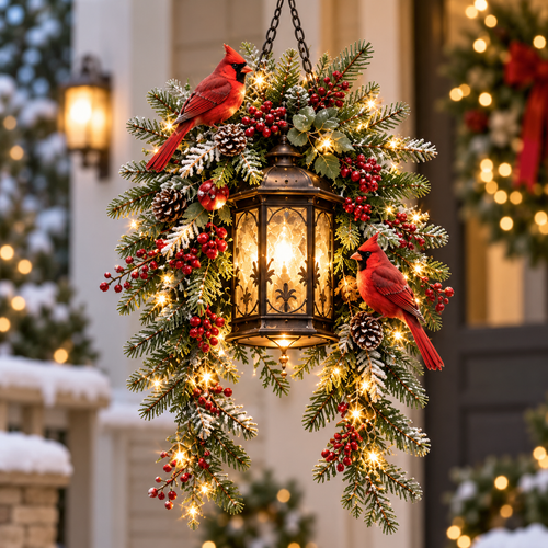Cardinal Hearth Glow™ – Pre-Lit Cardinal Lantern & Evergreen Christmas Porch Decor